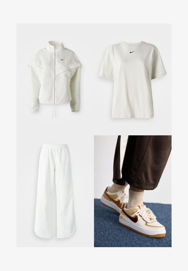 Jaqueta branca de mangas longas com fecho éclair e gola alta, detalhe tipo capa nos ombros, punhos elásticos e pequeno logótipo preto da Nike no peito.; T-shirt de algodão branco com decote redondo e mangas curtas. Apresenta um pequeno logo preto da Nike no peito. Design simples e sem adornos.; Calças atléticas largas brancas com uma cintura canelada e um discreto detalhe de logótipo. Tecido suave com um corte relaxado e terminações ajustadas.; Nike Sportswear AIR FORCE 1 SHADOW - Sapatilhas - sail/cacao wow/flax/sesame/white/light brown