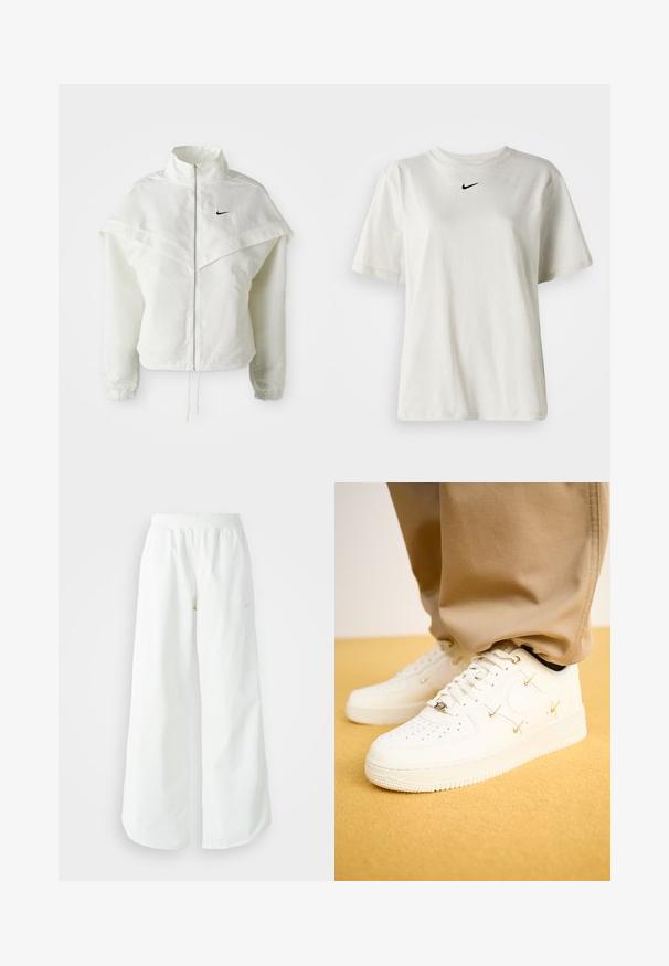 Λευκό ζακέτα με μακριά μανίκια και κλείσιμο με φερμουάρ, υψηλό γιακά, λεπτομέρεια που μοιάζει με κάπα στους ώμους, ελαστικούς μανσέτες και μικρό μαύρο λογότυπο Nike στο στήθος.; Λευκό βαμβακερό μπλουζάκι με στρογγυλή λαιμόκοψη και κοντά μανίκια. Διαθέτει ένα μικρό μαύρο λογότυπο Nike στο στήθος. Απλός και κομψός σχεδιασμός.; Λευκό αθλητικό παντελόνι σε φαρδιά γραμμή με ραμμένο ζώνη και διακριτική λεπτομέρεια λογότυπου. Απαλή υφή με άνετη εφαρμογή και στενό στρίφωμα.; Λευκά δερμάτινα αθλητικά παπούτσια με τρυπητή μύτη, χρυσές λεπτομέρειες και επίπεδα κορδόνια, συνδυασμένα με μπεζ παντελόνι πάνω σε μια υφασμάτινη κίτρινη επιφάνεια.