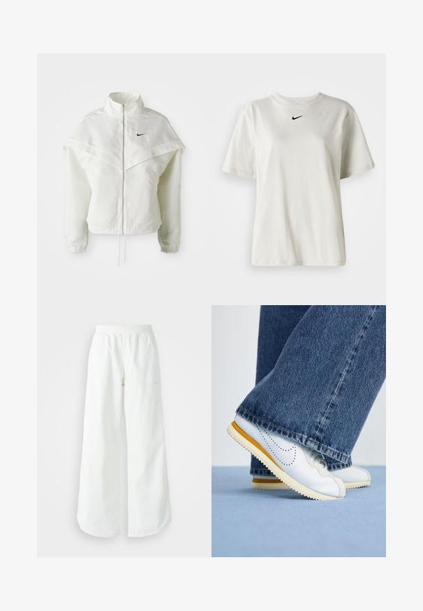 Jaqueta branca de mangas longas com fecho éclair e gola alta, detalhe tipo capa nos ombros, punhos elásticos e pequeno logótipo preto da Nike no peito.; T-shirt de algodão branco com decote redondo e mangas curtas. Apresenta um pequeno logo preto da Nike no peito. Design simples e sem adornos.; Calças atléticas largas brancas com uma cintura canelada e um discreto detalhe de logótipo. Tecido suave com um corte relaxado e terminações ajustadas.; Tênis brancos de couro com detalhes amarelos, bico arredondado e sola de borracha texturizada, combinados com calças flare de denim azul escuro.