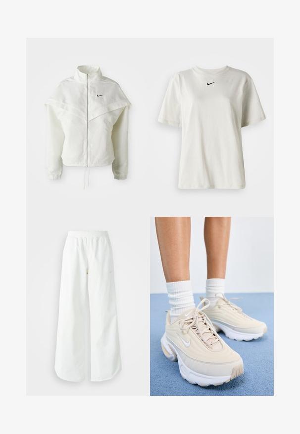Bela jakna z dolgimi rokavi in zadrgo, visokim ovratnikom, plaščastim detajlom čez ramena, elastičnimi manšetami in majhnim črnim logotipom Nike na prsih.; Bela bomba iz bombaža z okroglim ovratnikom in kratkimi rokavi. Ima majhen črn Nike logotip na prsih. Preprost in neopazen dizajn.; Bela športna hlače širokega kroja z rebrastim pasom in diskretno logotipno podrobnostjo. Gladek material z sproščenim krojem in zoženim robom.; Bež športni čevlji z teksturirano zgornjico, belimi vezalkami in debelim belim podplatom. Oblika vsebuje subtilne krivine in majhen logo.