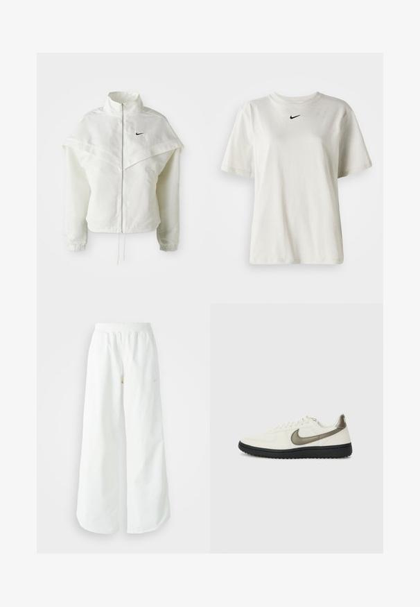 Balta ilga rankovė zip-up striukė su aukštu apykakle, švarkelio tipo detalėmis ant pečių, elastingomis rankovėmis ir mažuoju juodu Nike logotipu ant krūtinės.; Balta medvilnė marškinėliai su apvaliu kaklu ir trumpomis rankovėmis. Priekyje yra mažas juodas Nike logotipas. Paprastas ir nepuošnus dizainas.; Balti sportiniai keliai su platėjančiomis kojomis, su įtemptu juosmeniu ir subtilia logotipo detale. Lygus audinys, laisvas kirpimas ir siaurėjantis apatinis kraštas.; Nike Sportswear FIELD GENERAL - Sportbačiai - off-white/black
