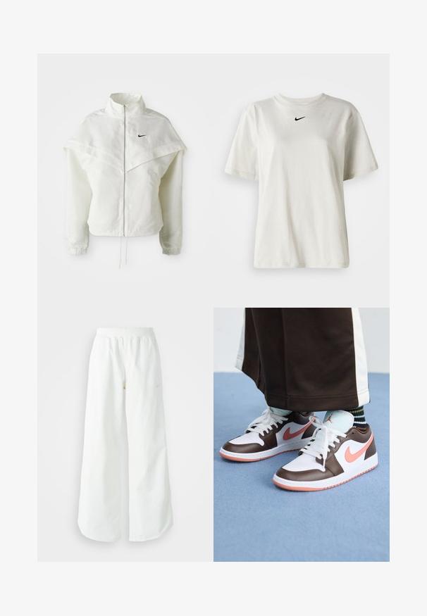 Biela bunda s dlhým rukávom na zips a vysokým golierom, s plášťovým detailom cez plecia, elastickými manžetami a malým čiernym logom Nike na hrudi.; Biely bavlnený tričko s okrúhlym výstrihom a krátkymi rukávmi. Na hrudi sa nachádza malé čierne logo Nike. Jednoduchý a nezdobený dizajn.; Biele široké športové nohavice s ribbovaným pásom a jemným logom. Hladká tkanina s uvoľneným strihom a zúženým lemom.; Biele a hnedé tenisky Nike Air Jordan s ružovými akcentmi, s nízkym dizajnom, bielymi šnúrkami a textúrovanou gumovou podrážkou.