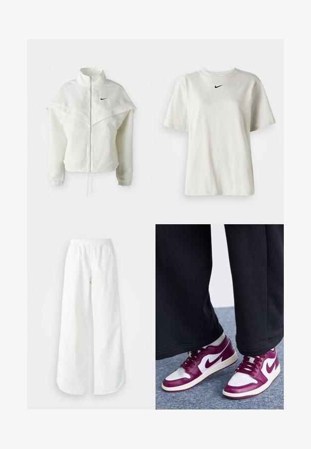 Fehér, hosszú ujjú, zipzáras dzseki magas gallérral, a vállakon lebegő, köpenyszerű résszel, rugalmas mandzsettákkal és kis fekete Nike logóval a mellkason.; Fehér pamut póló kerek nyakkal és rövid ujjal. A mellkason egy kis fekete Nike logó található. Egyszerű és díszítetlen dizájn.; Fehér, bő szárú sportnadrág ribbelt derékpánttal és diszkrét logórésszel. Simá szövet, laza szabással és taperált szárral.; Jordan AIR JORDAN 1 LOW - Sportcipő - white/bordeaux/sail