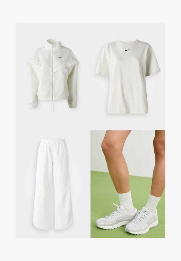 Fehér, hosszú ujjú, zipzáras dzseki magas gallérral, a vállakon lebegő, köpenyszerű résszel, rugalmas mandzsettákkal és kis fekete Nike logóval a mellkason.; Fehér pamut póló kerek nyakkal és rövid ujjal. A mellkason egy kis fekete Nike logó található. Egyszerű és díszítetlen dizájn.; Fehér, bő szárú sportnadrág ribbelt derékpánttal és diszkrét logórésszel. Simá szövet, laza szabással és taperált szárral.; Fehér Nike sportcipők textúrázott hálós felsőrésszel, fényvisszaverő részletekkel és párnázott talppal rendelkeznek. Fehér zoknikkal párosítva, zöld padlón.