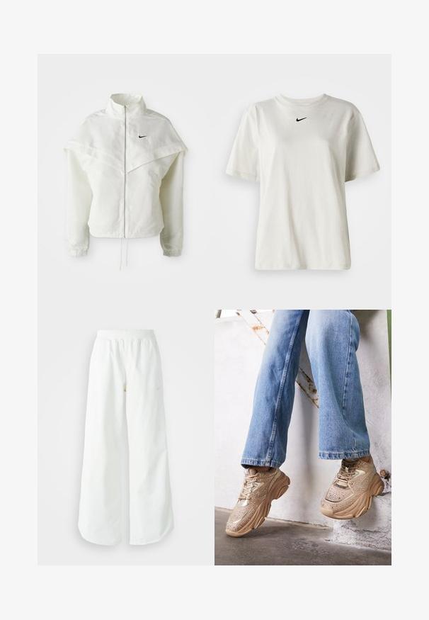 Witte lange mouwen zip-up jas met hoge kraag, cape-achtige details over de schouders, elastische manchetten en een klein zwart Nike-logo op de borst.; Witte katoenen t-shirt met een ronde halslijn en korte mouwen. Heeft een klein zwart Nike-logo op de borst. Eenvoudig en onopgesmukt ontwerp.; Witte atletische broek met wijde pijpen, een geribde tailleband en subtiele logodetails. Soepele stof met een relaxte pasvorm en taps toelopende zoom.; Beige sneakers met metalen accenten, een textuurdesign en strassteentjes, gecombineerd met lichtblauwe recht gesneden jeans.