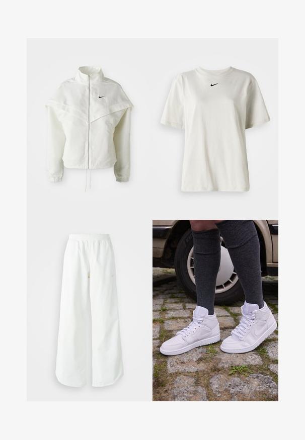 Λευκό ζακέτα με μακριά μανίκια και κλείσιμο με φερμουάρ, υψηλό γιακά, λεπτομέρεια που μοιάζει με κάπα στους ώμους, ελαστικούς μανσέτες και μικρό μαύρο λογότυπο Nike στο στήθος.; Λευκό βαμβακερό μπλουζάκι με στρογγυλή λαιμόκοψη και κοντά μανίκια. Διαθέτει ένα μικρό μαύρο λογότυπο Nike στο στήθος. Απλός και κομψός σχεδιασμός.; Λευκό αθλητικό παντελόνι σε φαρδιά γραμμή με ραμμένο ζώνη και διακριτική λεπτομέρεια λογότυπου. Απαλή υφή με άνετη εφαρμογή και στενό στρίφωμα.; Λευκά ψηλά αθλητικά παπούτσια με τρυπητό μπροστινό μέρος και υφασμάτινη σόλα από καουτσούκ, συνδυασμένα με σκούρες γκρι κάλτσες μέχρι το γόνατο, πάνω σε κυβόσχημη επιφάνεια.