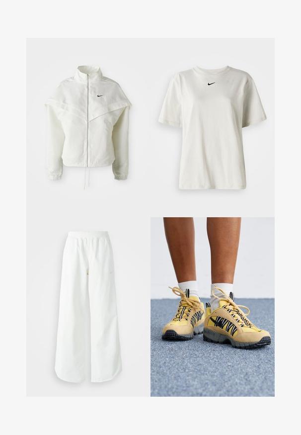White long-sleeve zip-up jacket with high collar, cape-like detail across shoulders, elastic cuffs, and small black Nike logo on chest.; White cotton t-shirt with a round neckline and short sleeves. Features a small black Nike logo on the chest. Simple and unadorned design.; White wide-leg athletic pants with a ribbed waistband and subtle logo detail. Smooth fabric with a relaxed fit and tapered hem.; Yellow suede and mesh sneakers with black and white striped accents, textured soles, and lace-up design. White socks visible above the ankle.