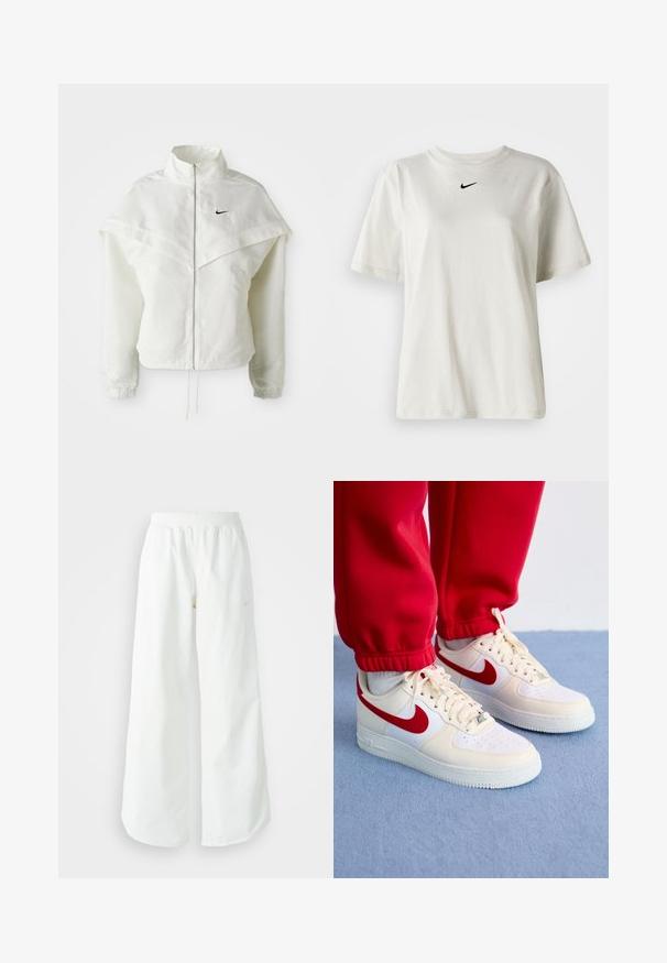 Λευκό ζακέτα με μακριά μανίκια και κλείσιμο με φερμουάρ, υψηλό γιακά, λεπτομέρεια που μοιάζει με κάπα στους ώμους, ελαστικούς μανσέτες και μικρό μαύρο λογότυπο Nike στο στήθος.; Λευκό βαμβακερό μπλουζάκι με στρογγυλή λαιμόκοψη και κοντά μανίκια. Διαθέτει ένα μικρό μαύρο λογότυπο Nike στο στήθος. Απλός και κομψός σχεδιασμός.; Λευκό αθλητικό παντελόνι σε φαρδιά γραμμή με ραμμένο ζώνη και διακριτική λεπτομέρεια λογότυπου. Απαλή υφή με άνετη εφαρμογή και στενό στρίφωμα.; Nike Air Force 1 αθλητικά παπούτσια σε λευκό και κρεμ δέρμα, με κόκκινες λεπτομέρειες και τρύπες, τοποθετημένα πάνω σε υφασμάτινη μπλε επιφάνεια.