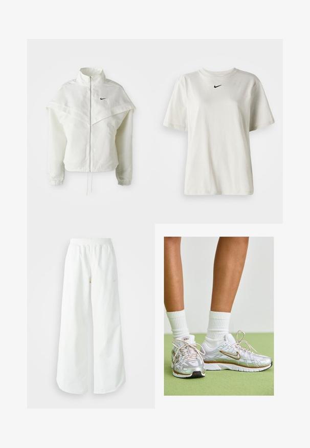Chaqueta blanca de manga larga con cremallera y cuello alto, detalle tipo capa en los hombros, puños elásticos y pequeño logo negro de Nike en el pecho.; Camiseta de algodón blanca con cuello redondo y mangas cortas. Presenta un pequeño logotipo negro de Nike en el pecho. Diseño sencillo y sin adornos.; Pantalones deportivos blancos de pierna ancha con una cinturilla acanalada y un sutil detalle de logo. Tela suave con un ajuste relajado y dobladillo ajustado.; Zapatillas deportivas plateadas con toques en blanco y dorado, que presentan una parte superior de malla, suela de goma y un acabado reflectante. Calcetines visibles por encima del tobillo.