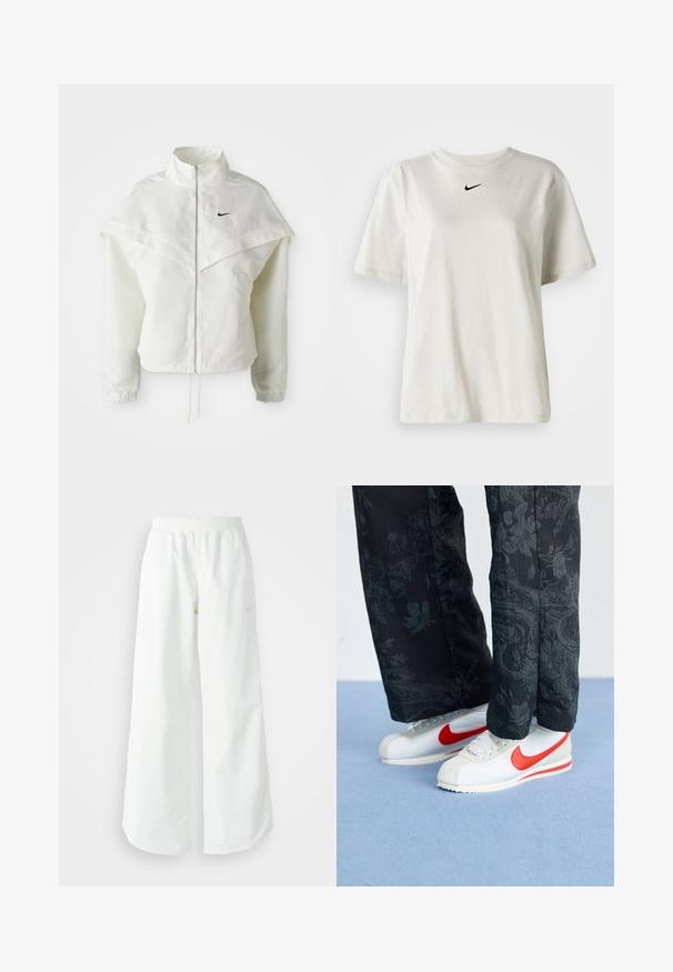 Jachetă albă cu mâneci lungi, cu fermoar, guler înalt, detalii asemănătoare unei capele pe umeri, manșete elastice și un mic logo Nike negru pe piept.; Tricou alb din bumbac cu guler rotund și mâneci scurte. Prezintă un mic logo Nike negru pe piept. Design simplu și fără ornamente.; Pantaloni atletici largi, alba, cu un talie elastica texturata si detalii subtile cu logo. Material neted, cu o croiala lejera si tiv conformat.; Adidași albi Nike cu accente roșii, asortați cu pantaloni negri cu un model floral. Textura este netedă, cu o talpă plată împletită.
