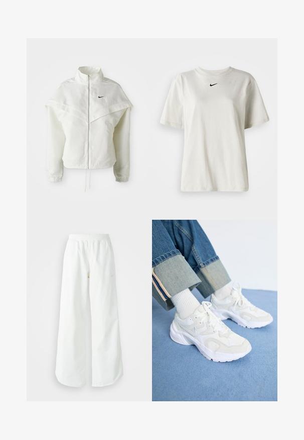 Λευκό ζακέτα με μακριά μανίκια και κλείσιμο με φερμουάρ, υψηλό γιακά, λεπτομέρεια που μοιάζει με κάπα στους ώμους, ελαστικούς μανσέτες και μικρό μαύρο λογότυπο Nike στο στήθος.; Λευκό βαμβακερό μπλουζάκι με στρογγυλή λαιμόκοψη και κοντά μανίκια. Διαθέτει ένα μικρό μαύρο λογότυπο Nike στο στήθος. Απλός και κομψός σχεδιασμός.; Λευκό αθλητικό παντελόνι σε φαρδιά γραμμή με ραμμένο ζώνη και διακριτική λεπτομέρεια λογότυπου. Απαλή υφή με άνετη εφαρμογή και στενό στρίφωμα.; Λευκά αθλητικά αθλητικά παπούτσια κατασκευασμένα από δίχτυ και συνθετικά υλικά, με χοντρή σόλα και υφή, σε συνδυασμό με λευκές ριγέ κάλτσες.
