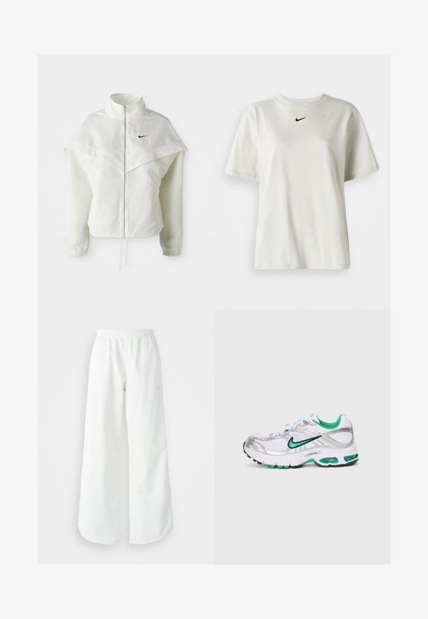 Valge pikkade varrukatega tõmblukuga jakk kõrge kraega, kätetooted, mis meenutavad katet õlgadel, elastsete mansettidega ja väikese musta Nike logoga rinnal.; Valge puuvillane T-särk, millel on ümmargune dekoltee ja lühikesed varrukad. Rinnal on väike must Nike logo. Lihtne ja kaunistusteta disain.; Valged laiad spordipüksid, ribadega vöökoht ja diskreetne logosümbol. Sile kangas, lõdvestatud istuvus ja kitsenev ääreosa.; Nike jooksujalats valges, hõbedases ja rohelises. Omab võrgu- ja sünteetilisi materjale, pehmendatud krae ning pehmendatud talla nähtavate õhuühikutega.