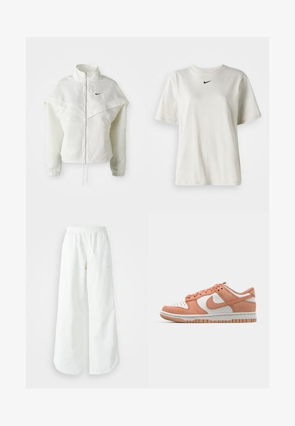 Λευκό ζακέτα με μακριά μανίκια και κλείσιμο με φερμουάρ, υψηλό γιακά, λεπτομέρεια που μοιάζει με κάπα στους ώμους, ελαστικούς μανσέτες και μικρό μαύρο λογότυπο Nike στο στήθος.; Λευκό βαμβακερό μπλουζάκι με στρογγυλή λαιμόκοψη και κοντά μανίκια. Διαθέτει ένα μικρό μαύρο λογότυπο Nike στο στήθος. Απλός και κομψός σχεδιασμός.; Λευκό αθλητικό παντελόνι σε φαρδιά γραμμή με ραμμένο ζώνη και διακριτική λεπτομέρεια λογότυπου. Απαλή υφή με άνετη εφαρμογή και στενό στρίφωμα.; Nike Dunk sneakers με ελαφρύ πορτοκαλί σουέτ επάνω μέρος, λευκές δερμάτινες λεπτομέρειες, τρυπητή μύτη και γόμα από καουτσούκ. Σχεδίαση χαμηλού προφίλ.