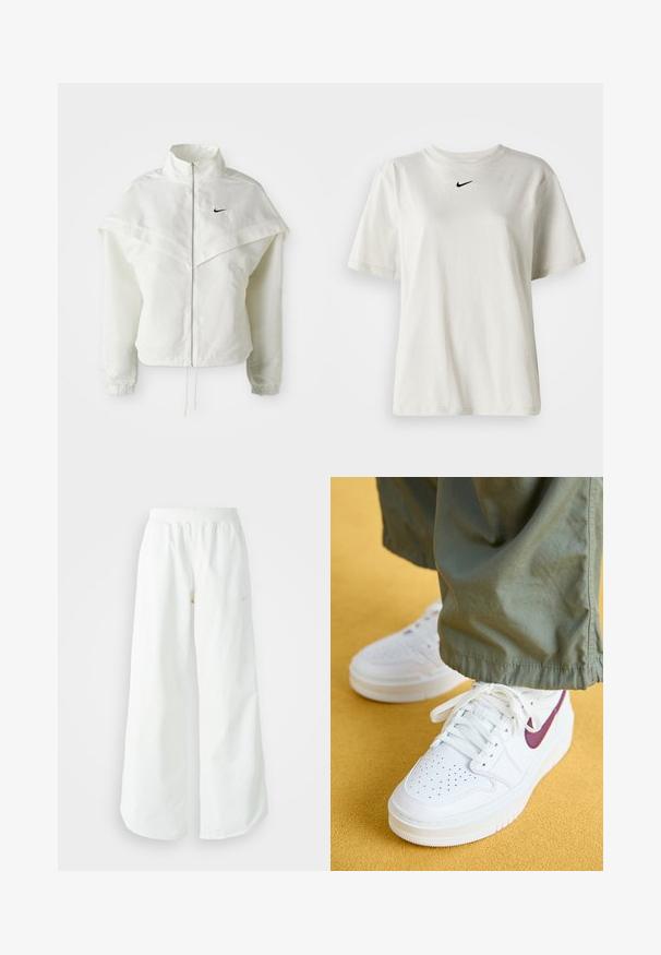 Biała, długozapinana kurtka na zamek z wysokim kołnierzem, z pelerynowym detalem na ramionach, elastycznymi mankietami i małym czarnym logo Nike na piersi.; Biała koszulka bawełniana z okrągłym dekoltem i krótkimi rękawami. Posiada małe czarne logo Nike na piersi. Prosty i skromny design.; Białe szerokie spodnie sportowe z podwyższonym stanem i subtelnym logotypem. Gładki materiał z luźnym krojem i zwężającym się dołem.; Jordan AIR JORDAN 1 ELEVATE biały