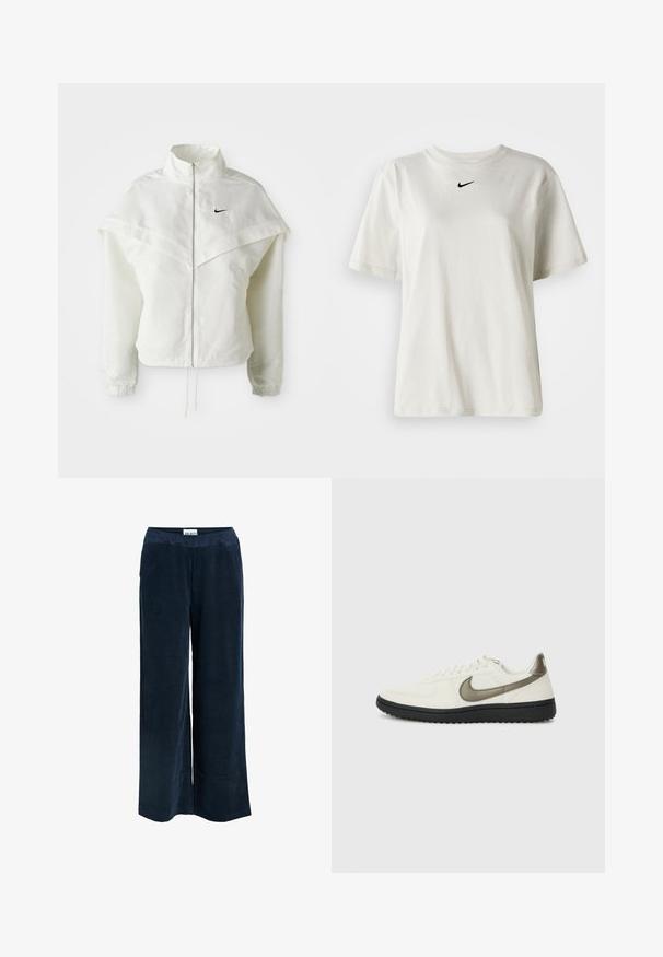 Valkoinen pitkähihainen vetoketjullinen takki korkealla kauluksella, viittamainen yksityiskohta olkapäillä, joustavat hihansuut ja pieni musta Nike-logo rinnassa.; Valkoinen puuvillapaita, jossa on pyöreä kaula-aukko ja lyhyet hihat. Rinnassa on pieni musta Nike-logo. Yksinkertainen ja koristamaton muotoilu.; Laivastonsiniset leveälahkeiset housut, jotka on valmistettu teksturoidusta sametista, jossa on joustava vyötärö ja sivusaumapussit.; Nike Sportswear FIELD GENERAL - Matalavartiset tennarit - off-white/black