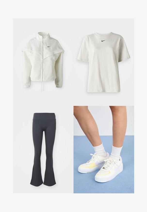 White long-sleeve zip-up jacket with high collar, cape-like detail across shoulders, elastic cuffs, and small black Nike logo on chest.; White cotton t-shirt with a round neckline and short sleeves. Features a small black Nike logo on the chest. Simple and unadorned design.; Black flared leggings with a smooth, matte texture and a high waistband, designed for comfort and mobility.; White leather sneakers with yellow and lavender accents, round toe, flat laces, and textured rubber sole. Worn with white socks.