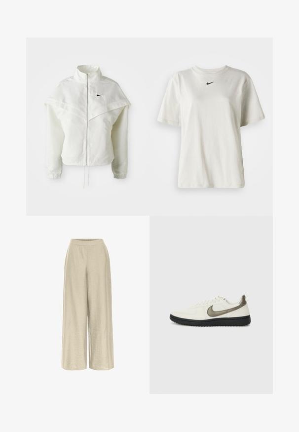 Veste zippée à manches longues blanche avec col haut, détail de type cape sur les épaules, poignets élastiques et petit logo Nike noir sur la poitrine.; T-shirt en coton blanc avec un col rond et des manches courtes. Présente un petit logo Nike noir sur la poitrine. Design simple et épuré.; Pantalons beige à jambes larges avec une finition texturée, dotés d'une taille haute et sans matériel ni poches visibles, offrant une coupe ample et décontractée.; Nike Sportswear FIELD GENERAL - Baskets basses - off-white/black