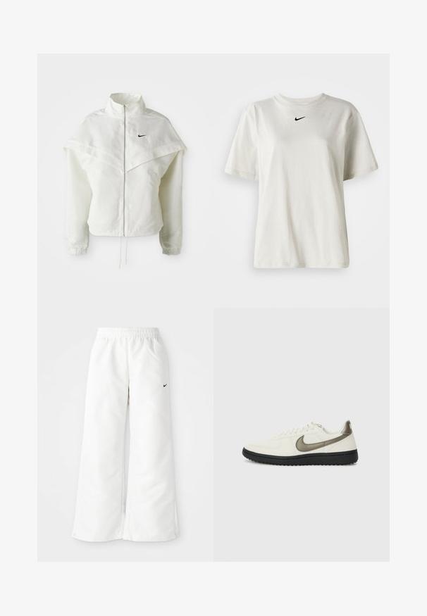 Biela bunda s dlhým rukávom na zips a vysokým golierom, s plášťovým detailom cez plecia, elastickými manžetami a malým čiernym logom Nike na hrudi.; Biely bavlnený tričko s okrúhlym výstrihom a krátkymi rukávmi. Na hrudi sa nachádza malé čierne logo Nike. Jednoduchý a nezdobený dizajn.; Biele športové nohavice so širokým strihom, elastickým pásom a malým čiernym logom Nike na ľavej strane. Hladký, ľahký materiál.; Nike Sportswear FIELD GENERAL - Tenisky - off-white/black
