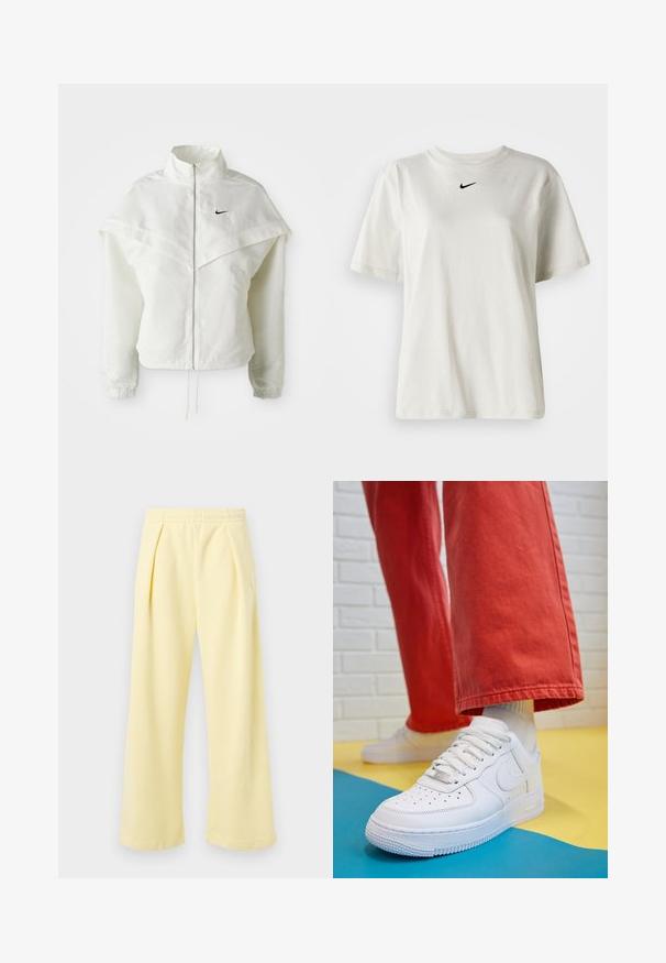 Biela bunda s dlhým rukávom na zips a vysokým golierom, s plášťovým detailom cez plecia, elastickými manžetami a malým čiernym logom Nike na hrudi.; Biely bavlnený tričko s okrúhlym výstrihom a krátkymi rukávmi. Na hrudi sa nachádza malé čierne logo Nike. Jednoduchý a nezdobený dizajn.; Žlté nohavice s širokými nohavicami, rebrovanou textúrou a elastickým pásom. Majú predné záhyby a malý vyšívaný vzor na boku.; Biele kožené tenisky s perforovanou špičkou, textúrovanou podrážkou a bielymi šnúrkami, spárované so širokými červenými nohavicami na modrom a žltom pozadí.