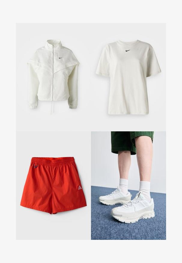 Giacca bianca a maniche lunghe con zip e colletto alto, dettaglio a mantella sulle spalle, polsini elasticizzati e piccolo logo Nike nero sul petto.; T-shirt bianco in cotone con scollatura rotonda e maniche corte. Presenta un piccolo logo Nike nero sul petto. Design semplice e privo di ornamenti.; Pantaloni da bagno leggeri rossi con vita elasticizzata, cordoncino integrato e un piccolo logo sul lato inferiore destro.; Scarpe da ginnastica bianche con sovrapposizioni testurizzate, suola spessa e accenti grigi. Indossate con calze corte bianche e pantaloni corti verdi su una superficie blu.