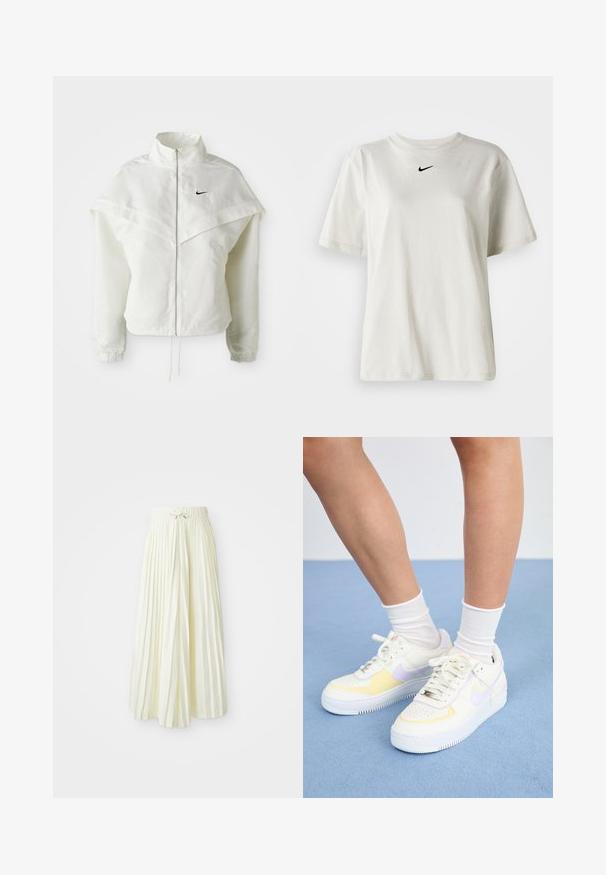 Bela jakna z dolgimi rokavi in zadrgo, visokim ovratnikom, plaščastim detajlom čez ramena, elastičnimi manšetami in majhnim črnim logotipom Nike na prsih.; Bela bomba iz bombaža z okroglim ovratnikom in kratkimi rokavi. Ima majhen črn Nike logotip na prsih. Preprost in neopazen dizajn.; Plisirana midi krila iz svetlo rumenega blaga, ki ima elastičen pas z vezalko, gladko teksturo in vertikalne črte za dodatne podrobnosti.; Bele usnjene superge z rumenimi in sivimi poudarki, okrogla noska, ravne vezalke in teksturiran gumen podplat. Nosi se z belimi nogavicami.
