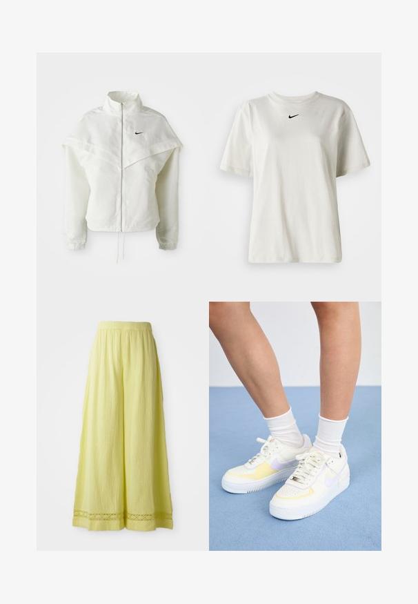 Biała, długozapinana kurtka na zamek z wysokim kołnierzem, z pelerynowym detalem na ramionach, elastycznymi mankietami i małym czarnym logo Nike na piersi.; Biała koszulka bawełniana z okrągłym dekoltem i krótkimi rękawami. Posiada małe czarne logo Nike na piersi. Prosty i skromny design.; Żółte spodnie z szerokimi nogawkami wykonane z teksturowanej tkaniny z elastycznym pasem. Posiadają szczegół zaczesany na krawędzi.; Białe skórzane sneakersy z żółtymi i lawendowymi akcentami, okrągły nos, płaskie sznurówki i teksturowana gumowa podeszwa. Noszone z białymi skarpetkami.