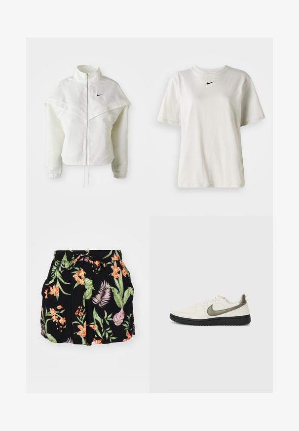 Balta ilga rankovė zip-up striukė su aukštu apykakle, švarkelio tipo detalėmis ant pečių, elastingomis rankovėmis ir mažuoju juodu Nike logotipu ant krūtinės.; Balta medvilnė marškinėliai su apvaliu kaklu ir trumpomis rankovėmis. Priekyje yra mažas juodas Nike logotipas. Paprastas ir nepuošnus dizainas.; Juodi šortai su spalvingu gėlių raštu, kuriame dominuoja oranžiniai ir žali elementai, elastinga juosmens juosta su raišteliu ir šoninės kišenės.; Nike Sportswear FIELD GENERAL - Sportbačiai - off-white/black