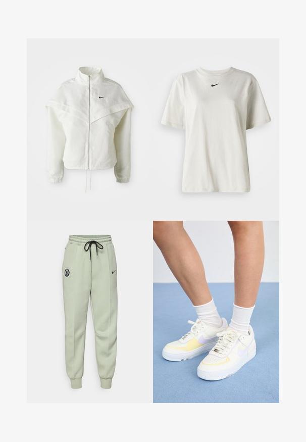 Vit långärmad zip-up jacka med hög krage, kap-liknande detalj över axlarna, elastiska ärmslut och liten svart Nike-logga på bröstet.; Vit bomull t-shirt med rund halsringning och korta ärmar. Har en liten svart Nike-logotyp på bröstet. Enkel och odekorerad design.; Ljusgröna Nike-svetter med elastisk midja, dragsko, sidofickor och en Chelsea FC-logga på vänster lår.; Vita lädersneakers med gula och lavendelfärger, rund tå, platta snören och texturerad gummisula. Bärs med vita strumpor.