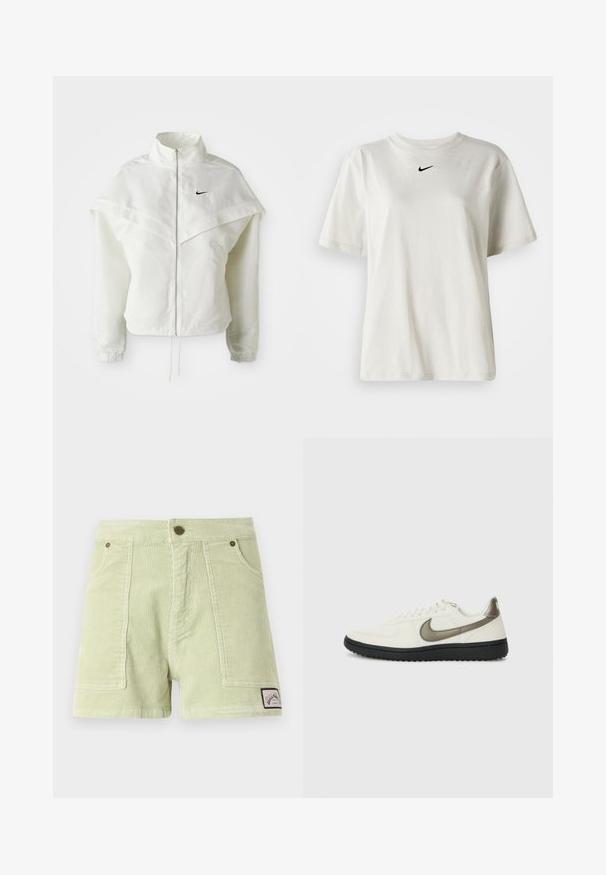 Chaqueta blanca de manga larga con cremallera y cuello alto, detalle tipo capa en los hombros, puños elásticos y pequeño logo negro de Nike en el pecho.; Camiseta de algodón blanca con cuello redondo y mangas cortas. Presenta un pequeño logotipo negro de Nike en el pecho. Diseño sencillo y sin adornos.; Pantalones cortos de pana en verde claro, con una textura acanalada, dos bolsillos frontales, una etiqueta trasera y accesorios de botón de metal.; Nike Sportswear FIELD GENERAL - Zapatillas - off-white/black