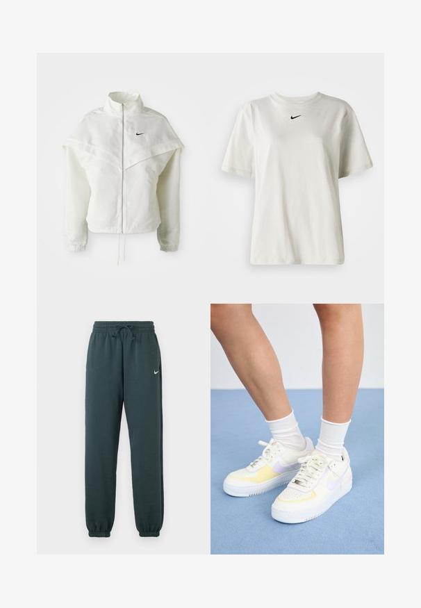 Jaqueta branca de mangas longas com fecho éclair e gola alta, detalhe tipo capa nos ombros, punhos elásticos e pequeno logótipo preto da Nike no peito.; T-shirt de algodão branco com decote redondo e mangas curtas. Apresenta um pequeno logo preto da Nike no peito. Design simples e sem adornos.; Calças de jogging Nike verde-escuras, feitas de um tecido macio, com cintura elástica e cordão ajustável, e com punhos na bainha.; Sneakers de couro branco com detalhes em amarelo e lavanda, bico arredondado, cadarços planos e sola de borracha texturizada. Usados com meias brancas.