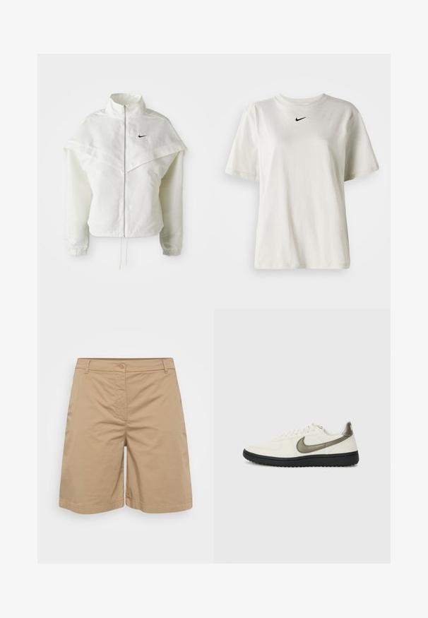 Vit långärmad zip-up jacka med hög krage, kap-liknande detalj över axlarna, elastiska ärmslut och liten svart Nike-logga på bröstet.; Vit bomull t-shirt med rund halsringning och korta ärmar. Har en liten svart Nike-logotyp på bröstet. Enkel och odekorerad design.; Kakishorts gjorda av mjukt bomullsblandningsmaterial, med rak bendesign, knäppning och framfickor.; Nike Sportswear FIELD GENERAL - Sneakers - off-white/black