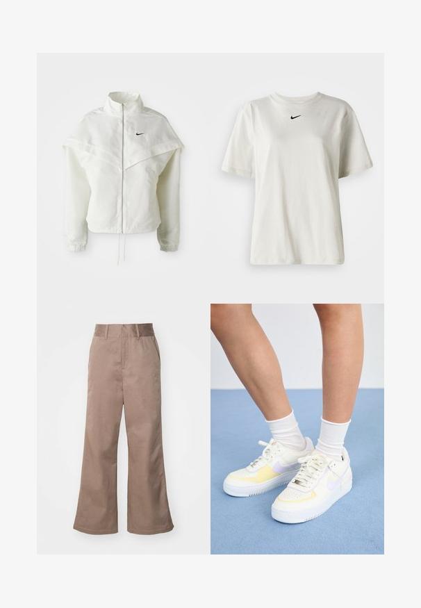 Λευκό ζακέτα με μακριά μανίκια και κλείσιμο με φερμουάρ, υψηλό γιακά, λεπτομέρεια που μοιάζει με κάπα στους ώμους, ελαστικούς μανσέτες και μικρό μαύρο λογότυπο Nike στο στήθος.; Λευκό βαμβακερό μπλουζάκι με στρογγυλή λαιμόκοψη και κοντά μανίκια. Διαθέτει ένα μικρό μαύρο λογότυπο Nike στο στήθος. Απλός και κομψός σχεδιασμός.; Καφέ βαμβακερά παντελόνια σε φαρδιά γραμμή με ψηλή μέση, μπροστινές τσέπες και λεία υφή. Το τελείωμα είναι ελαφρώς φαρδύ.; Λευκά δερμάτινα αθλητικά παπούτσια με κίτρινες και λιλά λεπτομέρειες, στρογγυλή μύτη, επίπεδες κορδόνια και υφασμάτινη σόλα από καουτσούκ με υφή. Φοριούνται με λευκές κάλτσες.