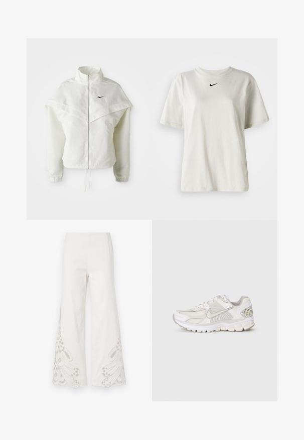 Balta ilga rankovė zip-up striukė su aukštu apykakle, švarkelio tipo detalėmis ant pečių, elastingomis rankovėmis ir mažuoju juodu Nike logotipu ant krūtinės.; Balta medvilnė marškinėliai su apvaliu kaklu ir trumpomis rankovėmis. Priekyje yra mažas juodas Nike logotipas. Paprastas ir nepuošnus dizainas.; Plati kelnės, pagamintos iš baltos medžiagos, su sudėtingais smėlio spalvos siuvinėjimo raštais ir banguotais kraštais apatiniuose kojų galuose.; Baldos spalvos sportinė avalynė, pagaminta iš tinklinės ir sintetinės medžiagos. Yra su tekstūruotu dizainu, paminkštintu apvadu ir geometriniais akcentais ant kulno.