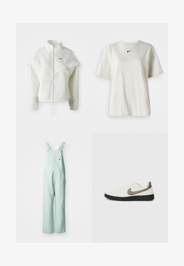 Jachetă albă cu mâneci lungi, cu fermoar, guler înalt, detalii asemănătoare unei capele pe umeri, manșete elastice și un mic logo Nike negru pe piept.; Tricou alb din bumbac cu guler rotund și mâneci scurte. Prezintă un mic logo Nike negru pe piept. Design simplu și fără ornamente.; Salopete verzi deschise din material rezistent, cu bretele ajustabile, un buzunar pe piept și două buzunare laterale.; Nike Sportswear FIELD GENERAL - Sneakers low - off-white/black