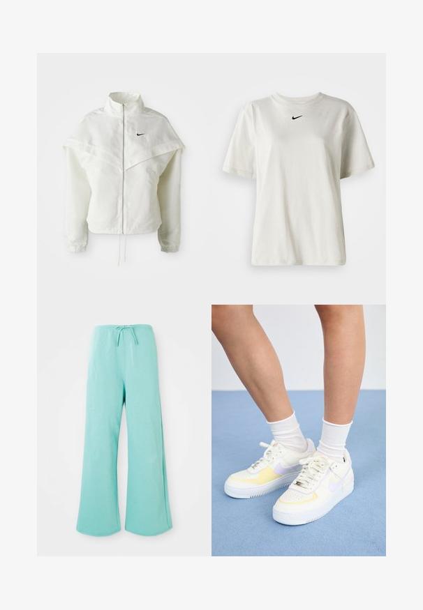 Fehér, hosszú ujjú, zipzáras dzseki magas gallérral, a vállakon lebegő, köpenyszerű résszel, rugalmas mandzsettákkal és kis fekete Nike logóval a mellkason.; Fehér pamut póló kerek nyakkal és rövid ujjal. A mellkason egy kis fekete Nike logó található. Egyszerű és díszítetlen dizájn.; Világoskék, bő szárú melegítőnadrág, elasztikus derékkal és elöl húzózsinórral, egy sima fehér háttéren bemutatva.; Fehér bőr sneakers sárga és levendula színű kiegészítőkkel, kerek orral, lapos fűzökkel és texturált gumitalppal. Fehér zoknival viselve.