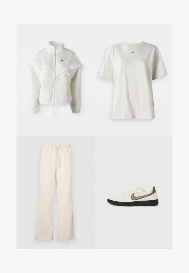 Bílá dlouhá zipová bunda s vysokým límcem, pláštěnkovým detailem přes ramena, elastickými manžetami a malým černým logem Nike na hrudi.; Bílý bavlněný tričko s kulatým výstřihem a krátkými rukávy. Na hrudi se nachází malé černé logo Nike. Jednoduchý a nezdobený design.; Krémové, volné kalhoty s elastickým pasem, šňůrkou a očkovým zdobením podél látky a lemu. Zoubkované okraje.; Nike Sportswear FIELD GENERAL - Tenisky - off-white/black