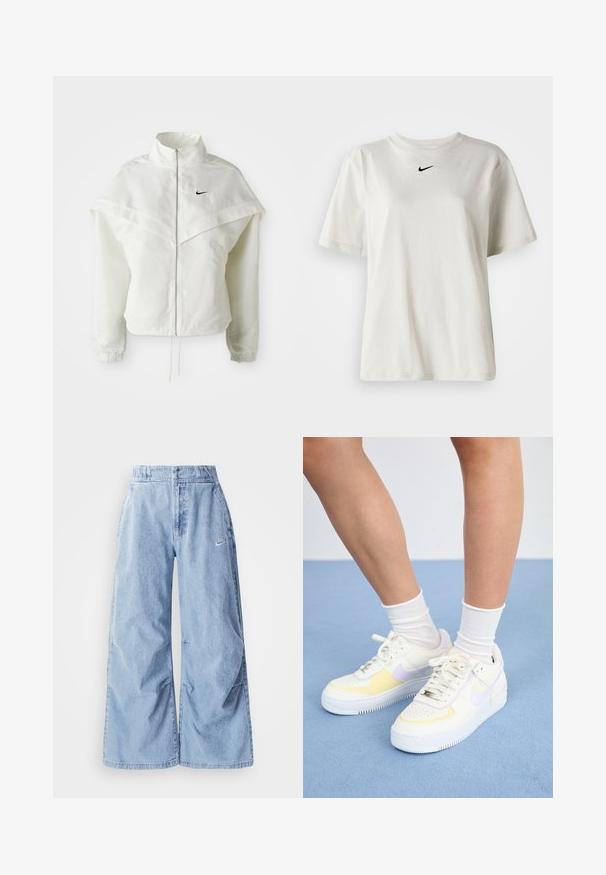 Valge pikkade varrukatega tõmblukuga jakk kõrge kraega, kätetooted, mis meenutavad katet õlgadel, elastsete mansettidega ja väikese musta Nike logoga rinnal.; Valge puuvillane T-särk, millel on ümmargune dekoltee ja lühikesed varrukad. Rinnal on väike must Nike logo. Lihtne ja kaunistusteta disain.; Nike Sportswear PANT  - Avar lõikega teksad - lt armory blue; Valged nahast tossud kollaste ja lavendlitoonide aktsentidega, ümar varvas, tasased paelad ja tekstureeritud kummist tald. Kannab valgeid sokke.