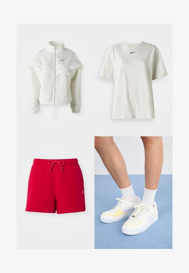 Biela bunda s dlhým rukávom na zips a vysokým golierom, s plášťovým detailom cez plecia, elastickými manžetami a malým čiernym logom Nike na hrudi.; Biely bavlnený tričko s okrúhlym výstrihom a krátkymi rukávmi. Na hrudi sa nachádza malé čierne logo Nike. Jednoduchý a nezdobený dizajn.; Červené bavlnené šortky s elastickým pásom a šnúrkou. Obsahujú logotyp na dolnej ľavej strane a bočné rozparky pre väčšiu pohyblivosť.; Biele kožené tenisky s žltými a levanduľovými akcentmi, okrúhle špičky, ploché šnúrky a textúrovaná gumová podrážka. Nosené s bielymi ponožkami.