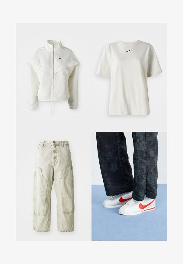 Balta garās piedurknes ar rāvējslēdzēju jaka ar augstu apkakli, apmetņa līdzīga detaļa uz pleciem, elastīgas aproces un mazs melns Nike logotips uz krūtīm.; Balts kokvilnas T-krekls ar apaļu kakla izgriezumu un īsām piedurknēm. Uz krūtīm ir neliels melns Nike logo. Vienkāršs un bez rotājumiem dizains.; Gaiši zaļi plaša piegriezuma mēteļi, kas izgatavoti no denima, ar lielām sānu kabatām, pogu un rāvējslēdzēja aizdari un redzamām šuvju detaļām.; Baltas Nike sporta apavi ar sarkanām akcentiem, savienoti ar melniem biksēm, kurām ir ziedu raksts. Virsma ir gluda ar plakanu pinumu zoli.