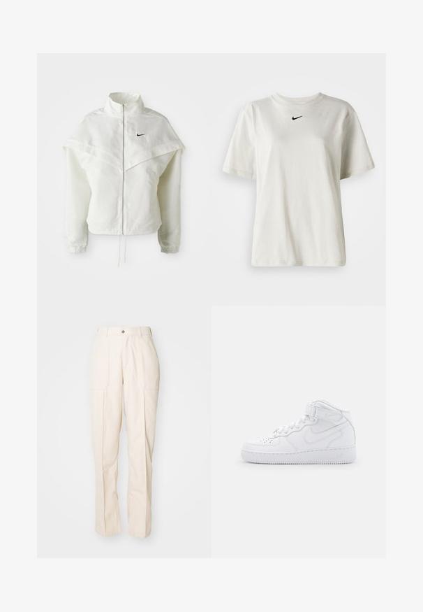 Bela jakna z dolgimi rokavi in zadrgo, visokim ovratnikom, plaščastim detajlom čez ramena, elastičnimi manšetami in majhnim črnim logotipom Nike na prsih.; Bela bomba iz bombaža z okroglim ovratnikom in kratkimi rokavi. Ima majhen črn Nike logotip na prsih. Preprost in neopazen dizajn.; Bež hlače ravnega kroja iz mešanice bombaža. Imajo dva sprednja žepa, gumb za zapiranje in vidne šive.; Bele superge do gležnja, izdelane iz usnja, z oblazinjenim ovratnikom, perforiranim prstom, vezalkami in nastavljivim trakom okoli gležnja; logotip na strani.