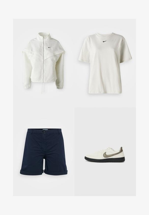 Hvit langermet jakke med glidelås og høy krage, kappe-lignende detaljer over skuldrene, elastiske mansjetter, og liten svart Nike-logo på brystet.; Hvit bomulls T-skjorte med rund halslinning og korte ermer. Har en liten svart Nike-logo på brystet. Enkel og uten dekorasjoner.; Mørkeblå shorts laget av bomull, med rullet kant, knappelukking og flat frontdesign uten synlige mønstre eller detaljer.; Nike Sportswear FIELD GENERAL - Joggesko - off-white/black