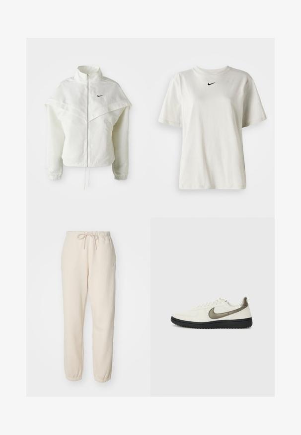 Balta garās piedurknes ar rāvējslēdzēju jaka ar augstu apkakli, apmetņa līdzīga detaļa uz pleciem, elastīgas aproces un mazs melns Nike logotips uz krūtīm.; Balts kokvilnas T-krekls ar apaļu kakla izgriezumu un īsām piedurknēm. Uz krūtīm ir neliels melns Nike logo. Vienkāršs un bez rotājumiem dizains.; Bežīgas sporta bikses, kas izgatavotas no mīkstas auduma, ar elastīgu jostu un auklu, sašaurinātiem potīšu laukumiem un nelielu logotipa akcentu.; Nike Sportswear FIELD GENERAL - Treniņu apavi - off-white/black