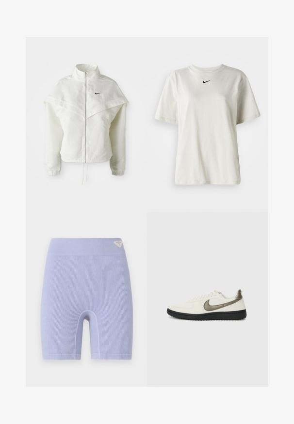 Balta garās piedurknes ar rāvējslēdzēju jaka ar augstu apkakli, apmetņa līdzīga detaļa uz pleciem, elastīgas aproces un mazs melns Nike logotips uz krūtīm.; Balts kokvilnas T-krekls ar apaļu kakla izgriezumu un īsām piedurknēm. Uz krūtīm ir neliels melns Nike logo. Vienkāršs un bez rotājumiem dizains.; Ribētas lavandas krāsas velosipēdu šortos ar augstu jostasvietu. Özņēmumā ir neliels logotipa akcenti augšējā kreisajā pusē. Vienkāršs, ciešs piegriezums.; Nike Sportswear FIELD GENERAL - Treniņu apavi - off-white/black