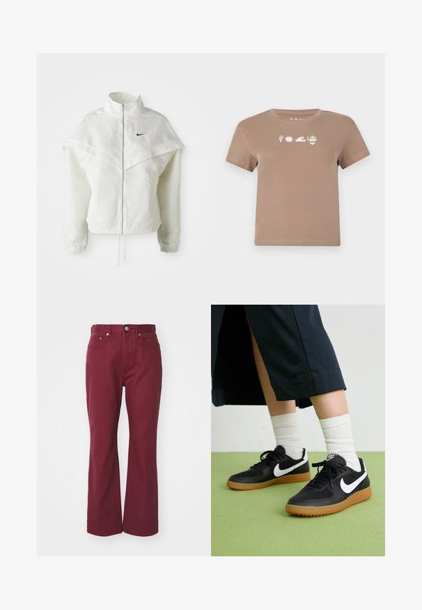 Jaqueta branca de mangas longas com fecho éclair e gola alta, detalhe tipo capa nos ombros, punhos elásticos e pequeno logótipo preto da Nike no peito.; T-shirt de algodão castanho com decote redondo. Apresenta elementos gráficos brancos: um cacto, sol, onda, mão e coração. Manga curta.; Jeans de perna larga em bordeaux, feitos de denim, com fecho frontal por botão, passantes para cinto e dois bolsos frontais. Textura suave com costura mínima.; Sapatilhas pretas em couro e sintético com o logo da Nike em branco, sola de borracha tipo goma, bico redondo e atacadores pretos. Meias brancas com frunces visíveis.