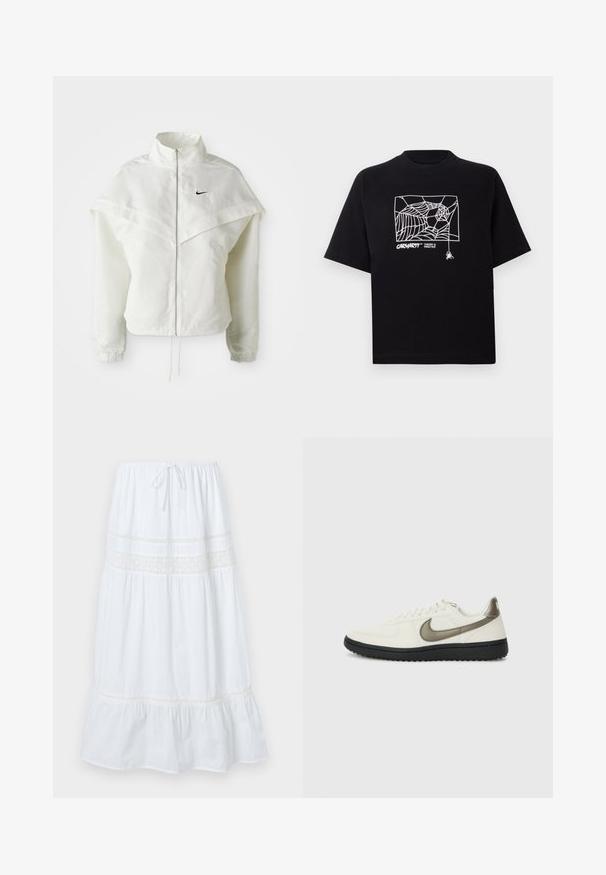 Hvit langermet jakke med glidelås og høy krage, kappe-lignende detaljer over skuldrene, elastiske mansjetter, og liten svart Nike-logo på brystet.; Svart T-skjorte laget av bomull med korte ermer. Har et hvitt edderkoppnett grafikk og logo på fronten. Enkel rund hals.; Hvit midiskjørt i lett bomull, med snor i livet og dekorativt blonder over brystet og nederkanten. Utsvingt silhuett.; Nike Sportswear FIELD GENERAL - Joggesko - off-white/black