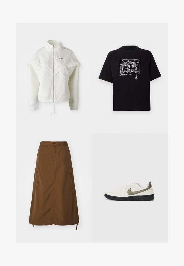 Balta garās piedurknes ar rāvējslēdzēju jaka ar augstu apkakli, apmetņa līdzīga detaļa uz pleciem, elastīgas aproces un mazs melns Nike logotips uz krūtīm.; Melnā kokvilnas T-kreklā ir īsas piedurknes. Uz priekša ir balti zirnekļa tīkla grafika un logo. Vienkārša noapaļota izgriezne.; Kraunā zola, kas sasniedz potītes, izgatavota no izturīga auduma. Iespējas ar elastīgu jostasvietu, pogas aizdari un sānu kabatām. Gluda tekstūra.; Nike Sportswear FIELD GENERAL - Treniņu apavi - off-white/black