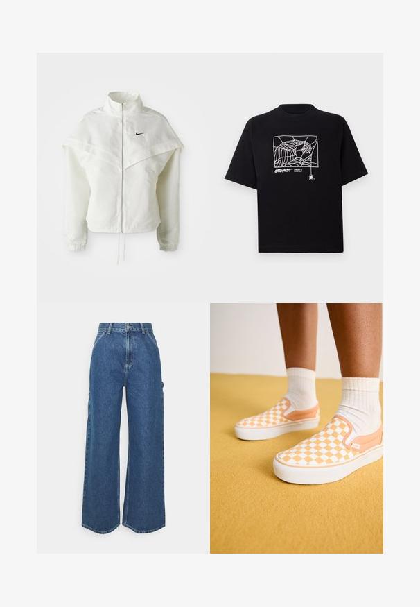 Hvit langermet jakke med glidelås og høy krage, kappe-lignende detaljer over skuldrene, elastiske mansjetter, og liten svart Nike-logo på brystet.; Svart T-skjorte laget av bomull med korte ermer. Har et hvitt edderkoppnett grafikk og logo på fronten. Enkel rund hals.; Videbeinete blå denimbukser med høy midje, kontraststing, og sidelommer, med et klassisk fem-lommers design og rå kanter.; Vans CLASSIC SLIP-ON PLATFORM - Joggesko - apricot
