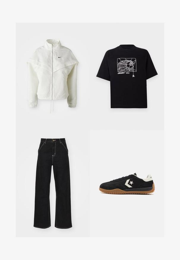 Hvit langermet jakke med glidelås og høy krage, kappe-lignende detaljer over skuldrene, elastiske mansjetter, og liten svart Nike-logo på brystet.; Svart T-skjorte laget av bomull med korte ermer. Har et hvitt edderkoppnett grafikk og logo på fronten. Enkel rund hals.; Svarte vide jeans laget av denim, med kontrasterende hvite sømmer og en frontknapplukking, samt to skrå frontlommer.; Sorte semsket sneakers med en hvit skinn hæl og logo, med en teksturert gummisåle og flat snøring.