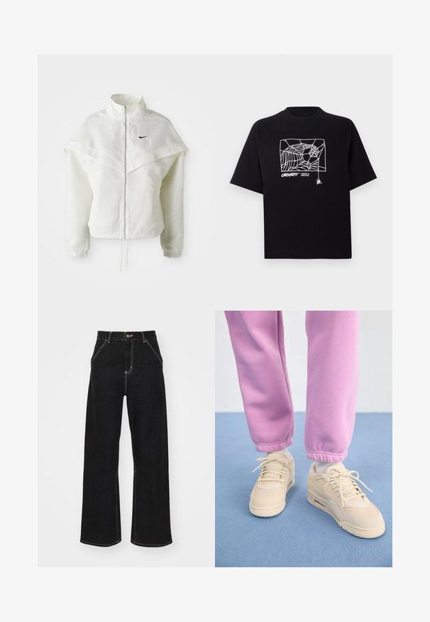 White long-sleeve zip-up jacket with high collar, cape-like detail across shoulders, elastic cuffs, and small black Nike logo on chest.; Black T-shirt made of cotton with short sleeves. Features a white spider web graphic and logo on the front. Simple rounded neckline.; Black wide-leg jeans made of denim, featuring contrasting white stitching and a front button closure, with two angled front pockets.; Beige sneakers with a textured upper, padded tongue, and lace-up closure, paired with tapered pink sweatpants featuring ribbed hems.