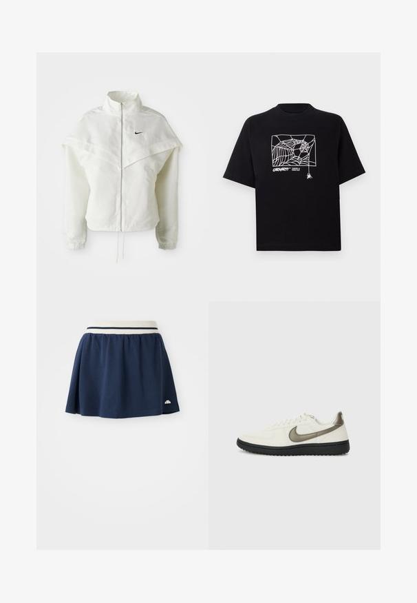 Jaqueta branca de mangas longas com fecho éclair e gola alta, detalhe tipo capa nos ombros, punhos elásticos e pequeno logótipo preto da Nike no peito.; T-shirt preta feita de algodão com mangas curtas. Apresenta uma gravação de teia de aranha branca e um logótipo na parte da frente. Possui um decote simples em forma redonda.; Saia azul-marinho feita de um tecido suave, com uma cinta elástica branca que apresenta duas riscas azuis-marinho e um pequeno logotipo na bainha inferior.; Nike Sportswear FIELD GENERAL - Sapatilhas - off-white/black